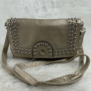 GRACE ADELE Gold Leather Clutch With Leather Flower Crossbody Style